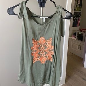 Massimo Dutti Olive Green Tank Top with Orange Embroidery